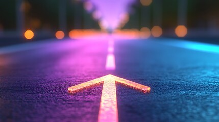 Glowing Neon Arrow on Asphalt Road at Night