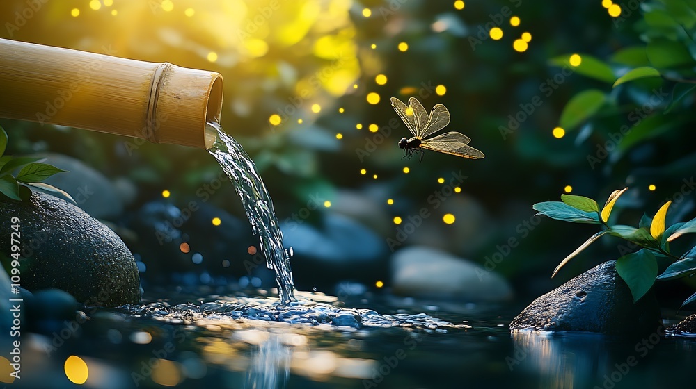 Poster serene natural scene of bamboo waterfall with dragonfly amidst lush greenery and glowing fireflies :