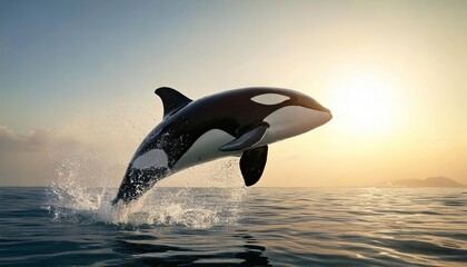 Fototapeta premium majestic orca breaching ocean surface sleek body silhouetted against vibrant sunset 