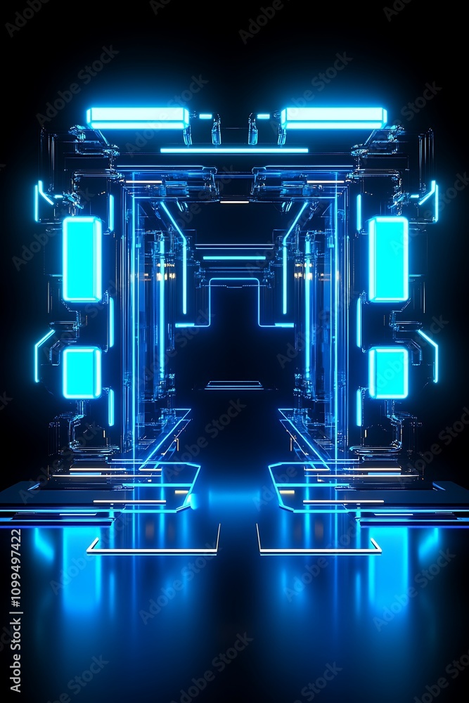 Poster futuristic neon corridor with glowing blue lights and high-tech design elements in a dark space, ide