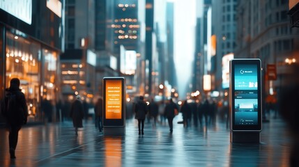Fototapeta premium Vibrant Urban Scene with Digital Billboards in a Busy City Street Full of Pedestrians and Skylines Displaying Modern Technology and Dynamic City Life