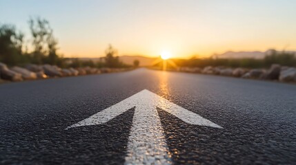 Road to Success Asphalt Path with Upward Arrow at Sunset
