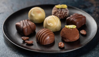Variety of exquisite chocolates on a dark plate, gourmet dessert assortment