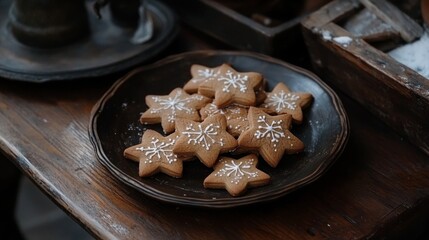 Fototapeta premium Star Shaped Gingerbread Cookies On Dark Plate