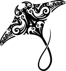 Maori tribal manta ray tattoo with intricate swirling patterns and bold lines. Isolated vector stunning black ink stingray shape reflects grace and power, cultural and marine symbolism of sea creature