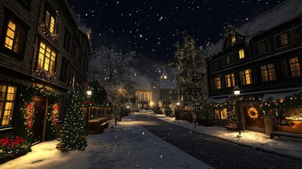 Fototapeta premium Snowy Christmas Eve Village Street Lights Gleaming