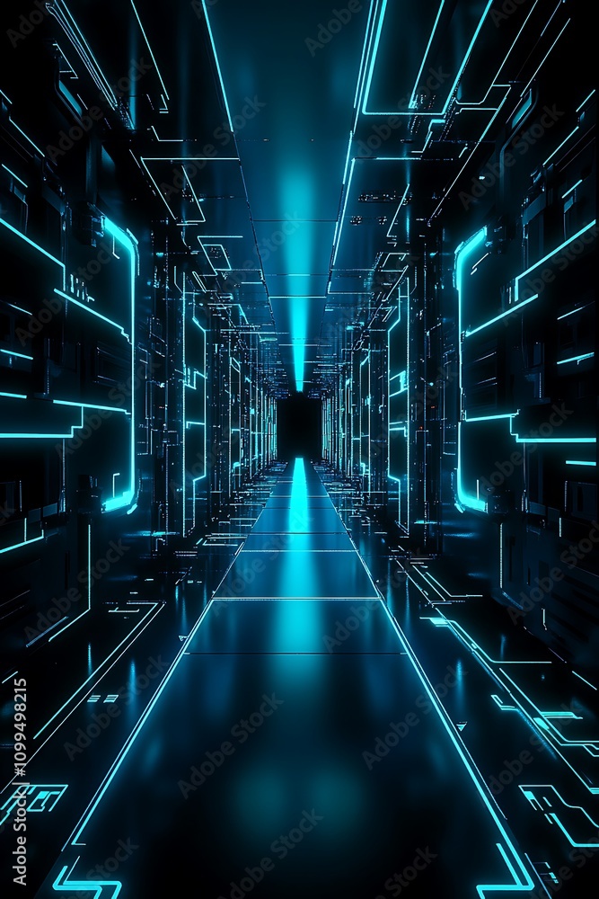 Poster futuristic neon corridor with glowing lines and reflections in a dark space creating a high-tech env