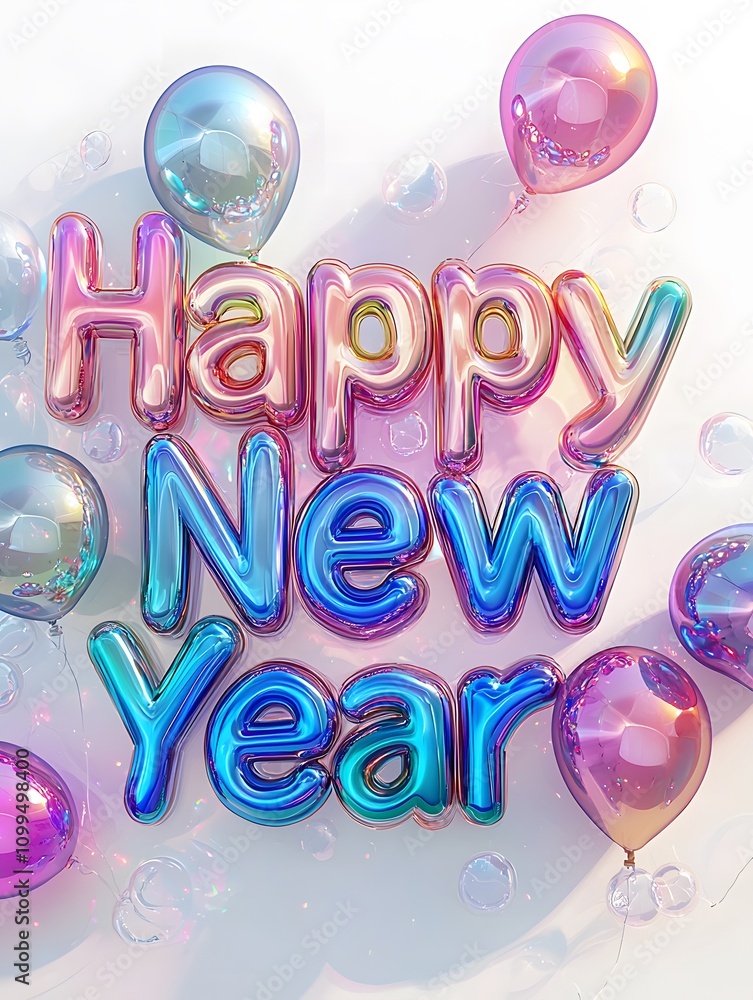 Poster iridescent happy new year text with colorful balloons and festive vibe. generative ai.