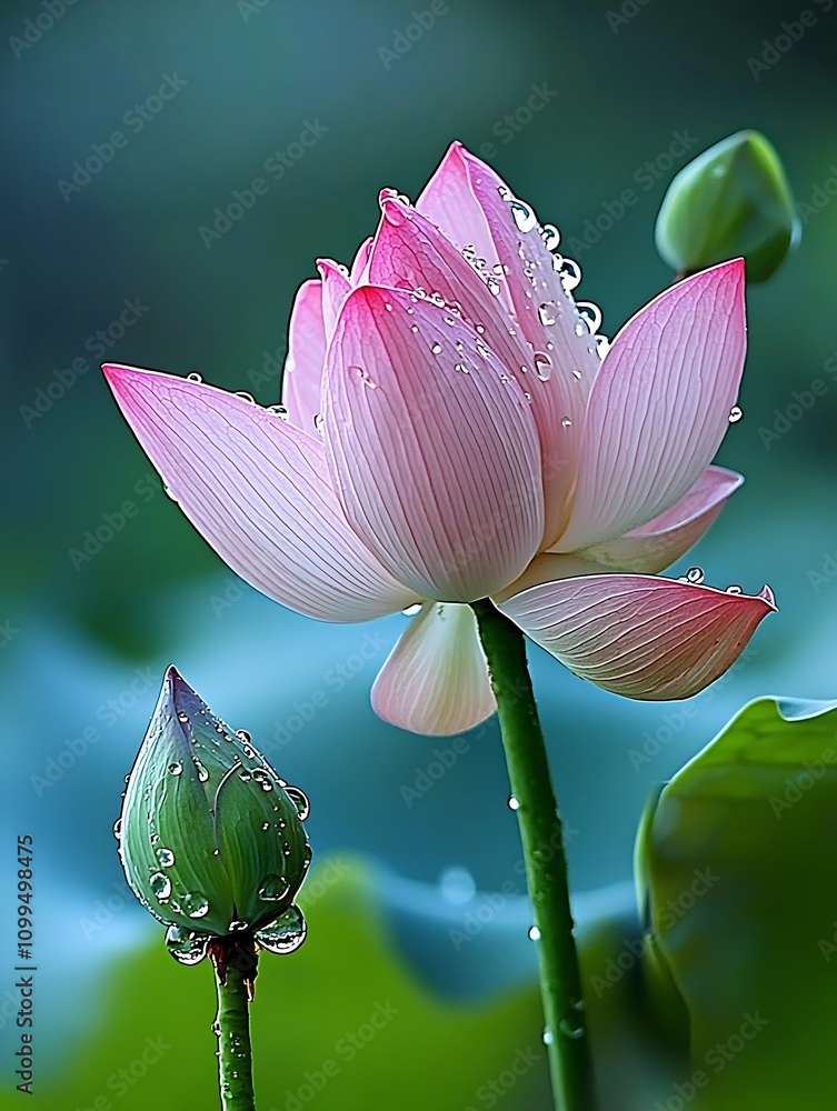 Poster exquisite pink lotus bloom with dew drops in tranquil natural setting : generative ai