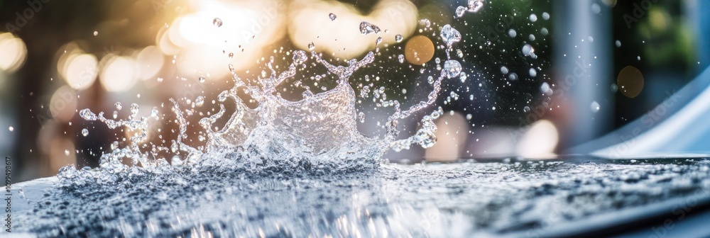 Poster a close-up of water splashing, capturing movement and light in a dynamic moment.