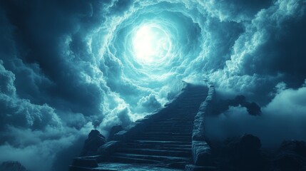 Fototapeta premium A blue sky with a large hole in it and a staircase leading up to it