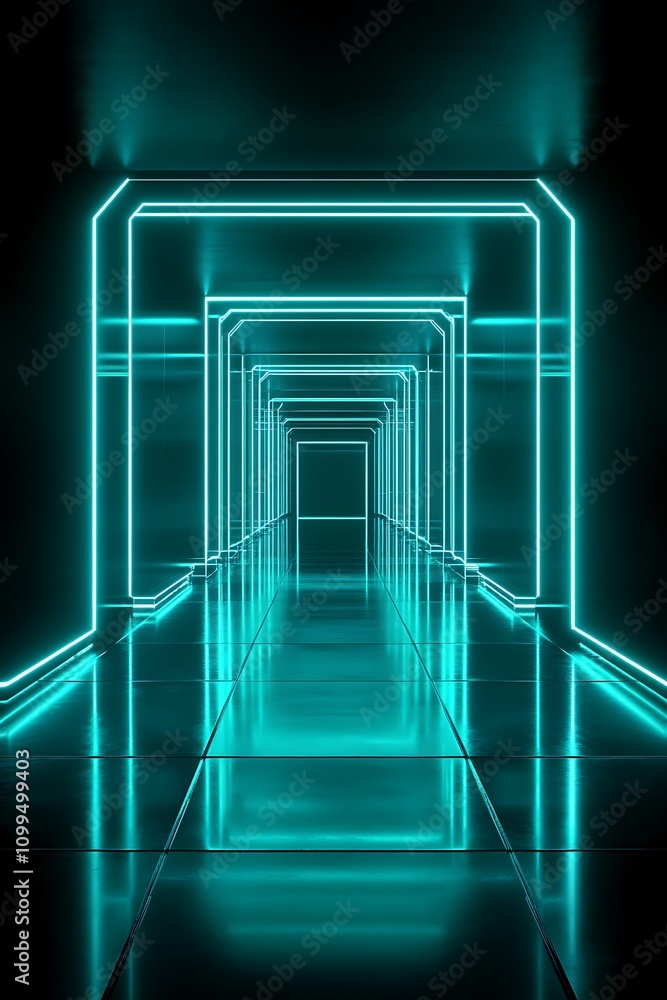 Poster futuristic neon hallway with glowing lines and reflections creating a modern sci-fi atmosphere in a 