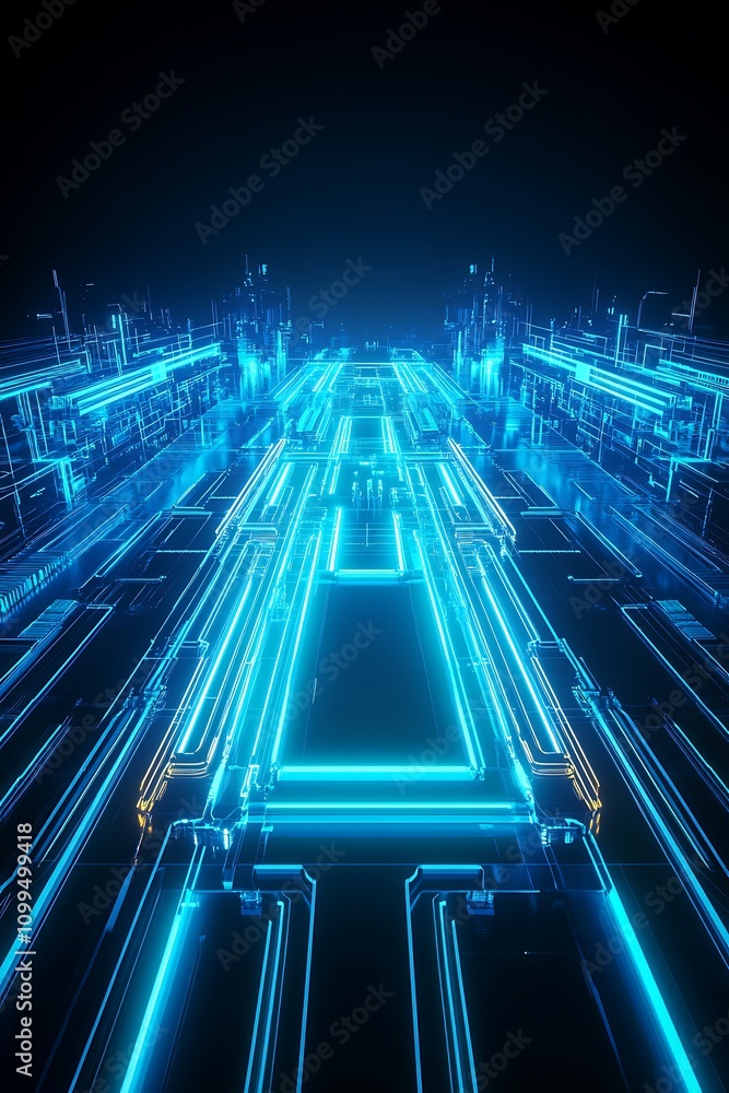 Poster futuristic neon highway with glowing blue lines and digital circuit patterns creating an abstract te