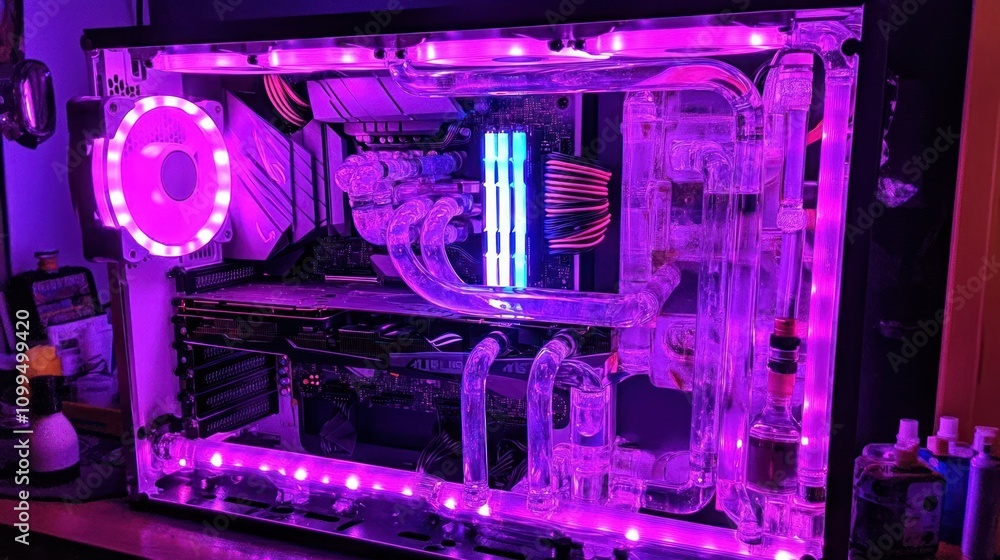 Poster a custom pc build featuring rgb lighting and liquid cooling system components.