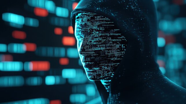 anti tracking concept. Faceless digital avatar camouflaged in a glitching digital environment, anti-tracking metaphors