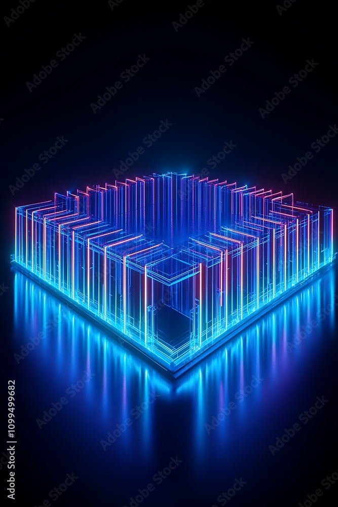 Poster futuristic neon microchip design with glowing lines and digital patterns in a dark background for te