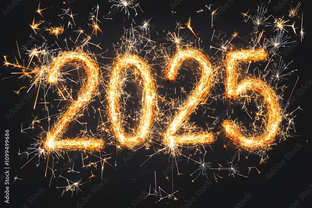 Poster creating sparkling fireworks representing the year 2025 at night. generative ai.