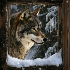 Obraz premium Majestic Wolf Gazing Through a Snow-Covered Wooden Frame in a Winter Wonderland.