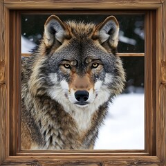 Obraz premium Majestic Wolf Gazing Through a Rustic Wooden Window Frame in a Snowy Winter Landscape.