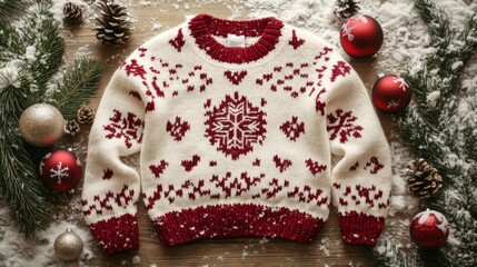 Festive Cream And Red Christmas Sweater On Wooden Background