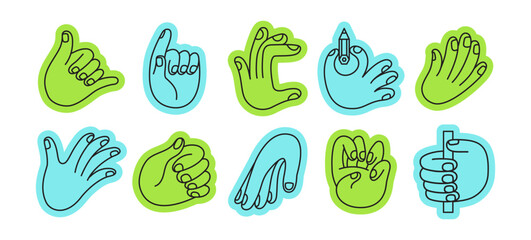 Vector set of icons and simple linear illustrations, hands and gestures, poster, logo, print design template, hand drawn hands  in minimal modern art style, stickers for social media