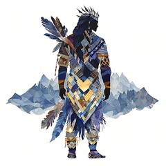 Watercolor Silhouette of a Native American Warrior Against a Mountain Range Background.