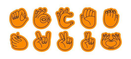 Vector set of icons and simple linear illustrations, hands and gestures, poster, logo, print design template, hand drawn hands  in minimal modern art style, stickers for social media