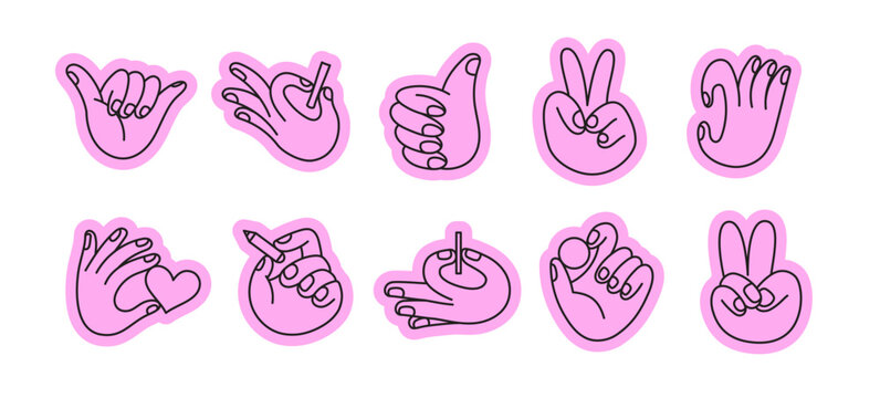 Vector set of icons and simple linear illustrations, hands and gestures, poster, logo, print design template, hand drawn hands  in minimal modern art style, stickers for social media