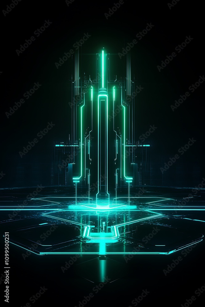 Poster futuristic neon structure in a dark environment with glowing lines and geometric patterns for scienc
