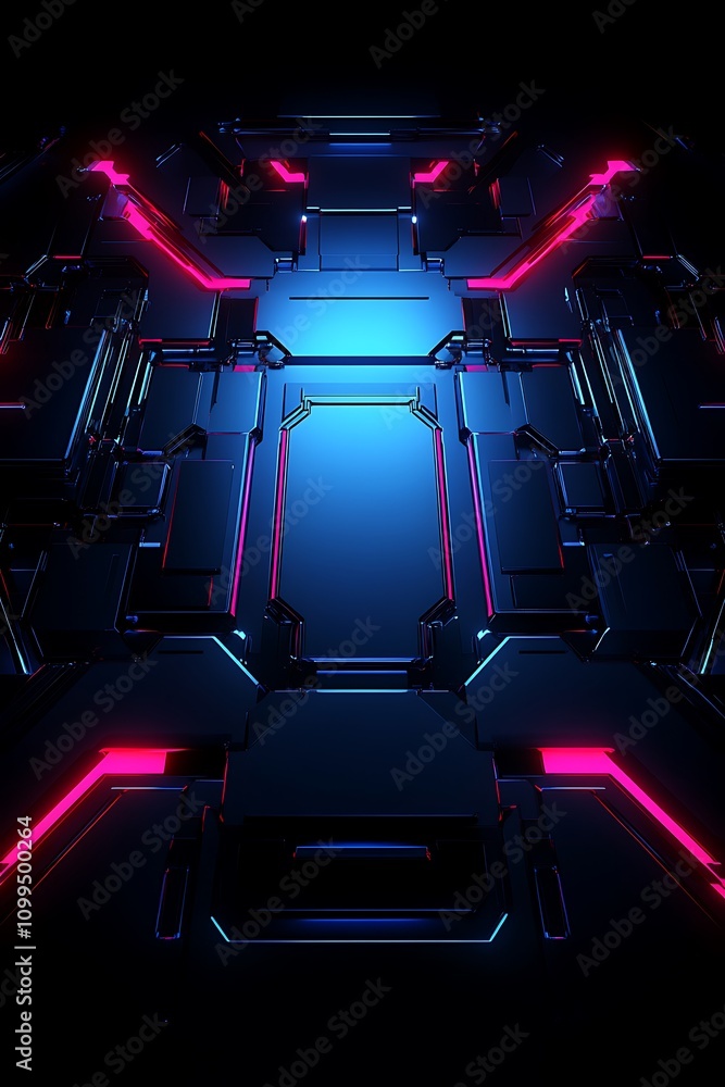 Poster futuristic neon technology background with abstract geometric patterns and illuminated high-tech sur