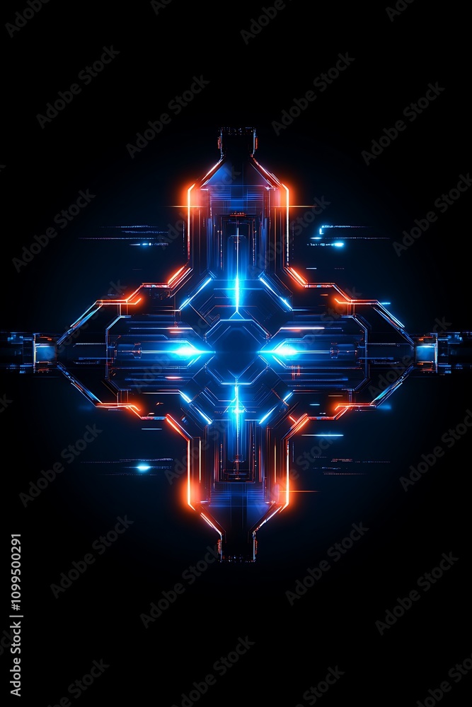 Poster futuristic neon technology background with blue and orange lights in digital pattern on dark surface