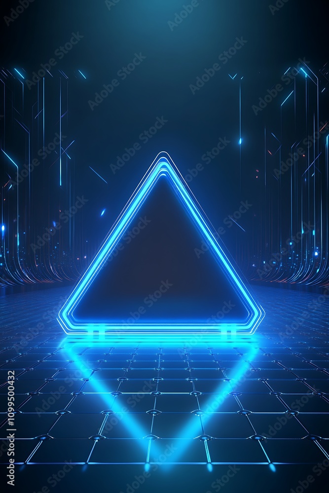 Aufkleber futuristic neon triangle in a dark digital environment with glowing grids and circuit-like patterns,