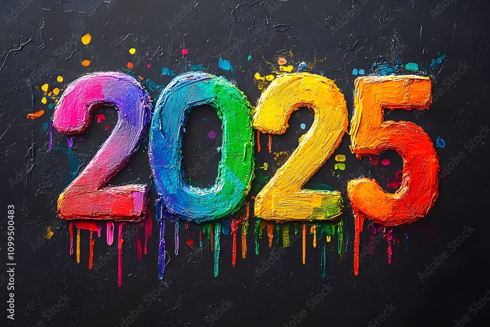Poster brightly colored 2025 numerals create an artistic display on a dark background.