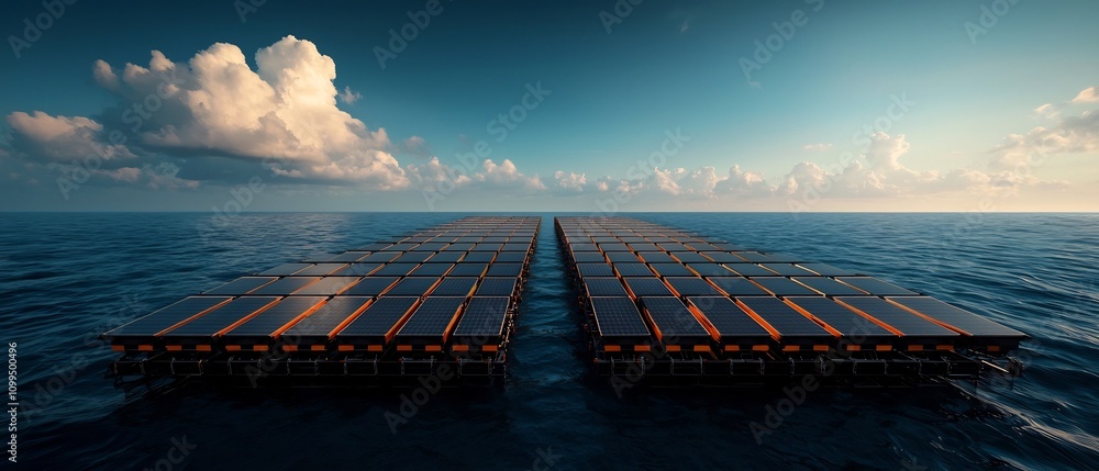 Poster expansive oceanic expanse featuring a modular solar array infrastructure harnessing abundant sunligh