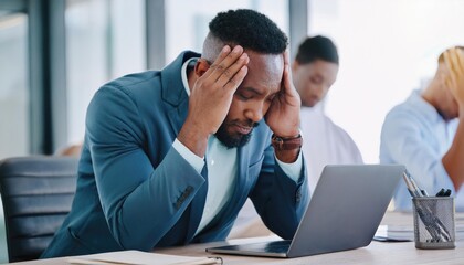 Fototapeta premium Tired businessman, stress or overworked with laptop in anxiety, depression or multitasking at office 