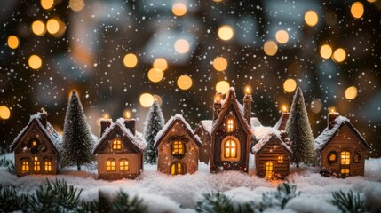 Fototapeta premium Enchanting Christmas Village Snow Scene With Lights