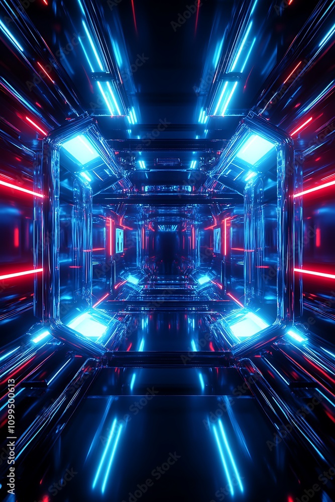 Poster futuristic neon tunnel with bright blue and red lights creating a stunning sci-fi visual experience 