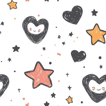 Patr&oacute;n de estrellas y corazones dibujadas en tonos rosados y negros