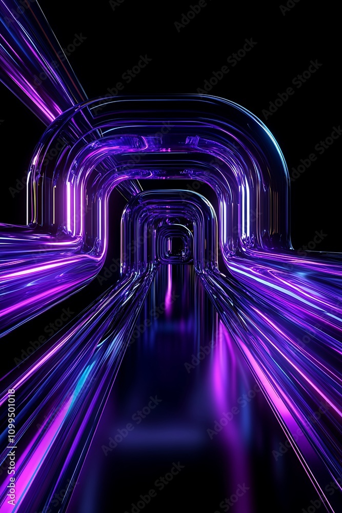 Poster futuristic neon tunnel with glowing purple and blue lights creating an illumined pathway through a d