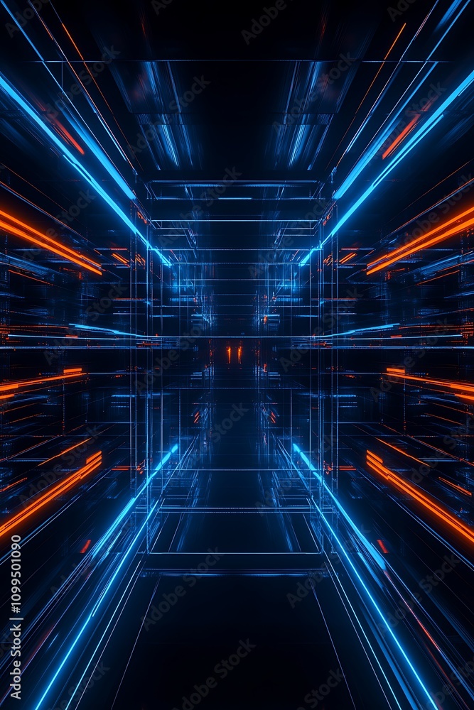 Poster futuristic neon tunnel with vibrant blue and orange light lines creating a sense of speed and motion