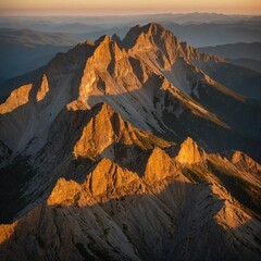 Naklejka premium A sunrise casting a golden glow on jagged mountain cliffs.