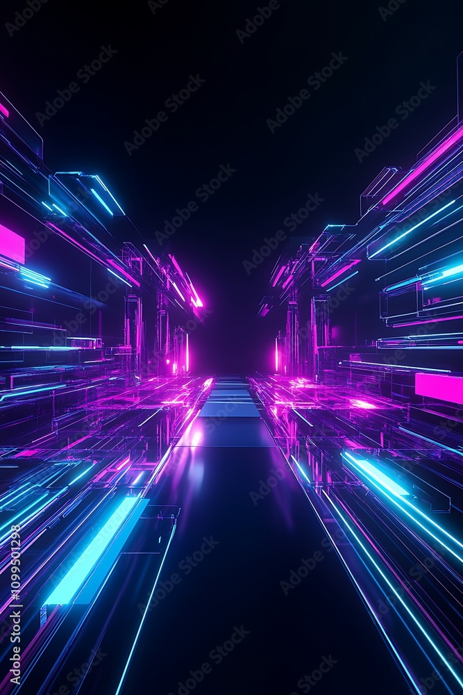 Poster futuristic neon tunnel with vibrant lights and abstract elements creating a dynamic sense of motion 