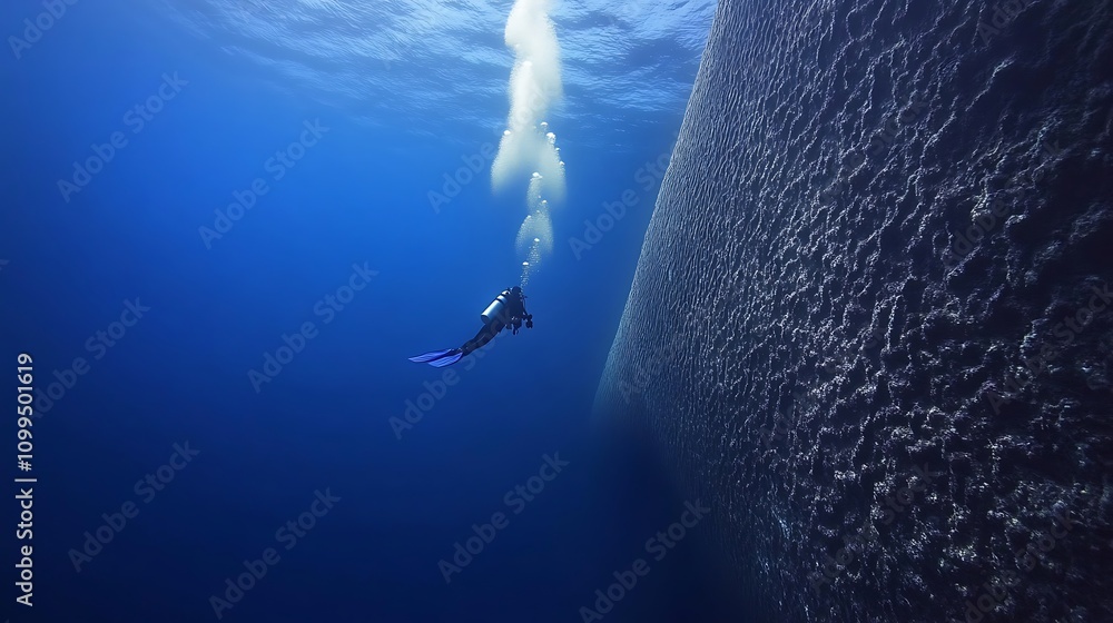Poster a stunning underwater image of a scuba diver floating at the edge of a deep ocean chasm, with the dr