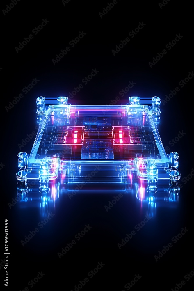 Poster futuristic quantum computing hardware with neon lights and transparent design showcasing advanced te