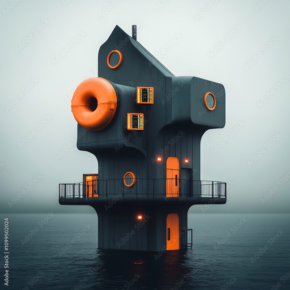 Aufkleber conceptual offshore carbon capture installation with abstract geometric forms rising from the sea mo