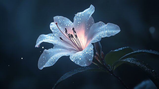 Dreamy White Lily with Dewdrops Glowing Under a Starlit Sky in Tranquil Garden : Generative AI