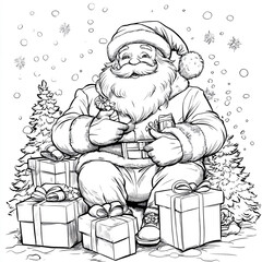 Santa with gifts, coloring book outlines. Santa Claus coloring book sketch. Santa Claus line art. 