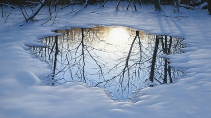 Pf&uuml;tze im Schnee mit klarem Baumspiegel