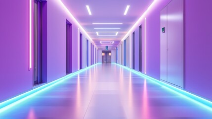 Ambiently Lit Hospital Corridor with Soft Purple and Blue Neon Lighting Creating a Tranquil and Modern Atmosphere for Medical Facilities
