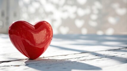 Fototapeta premium Red heart against a bright white background with subtle blur, blurred background, soft focus, red heart image, loving atmosphere
